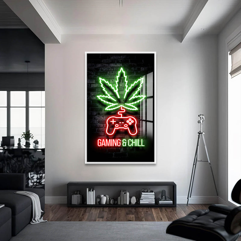 Gaming & Chill Cam Tablo – Beyaz Çerçeveli Cam Tablo