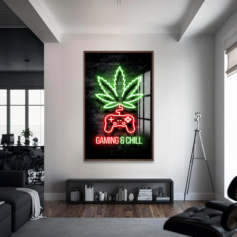 Gaming & Chill Cam Tablo – Ceviz Çerçeveli Cam Tablo