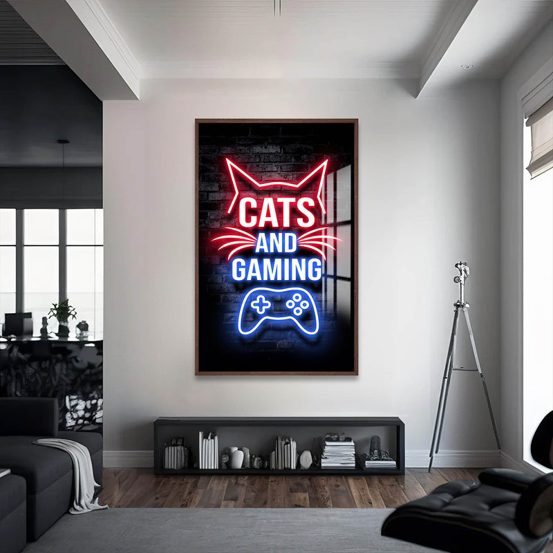 Gaming Cat Cam Tablo – Ceviz Çerçeveli Cam Tablo