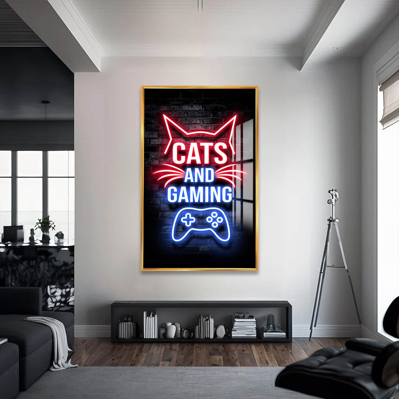 Gaming Cat Cam Tablo – Altın Çerçeveli Cam Tablo