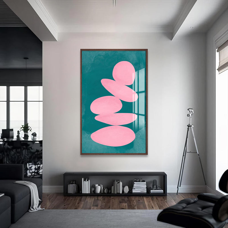 Pembe Taşlar Cam Tablo – Ceviz Çerçeveli Cam Tablo