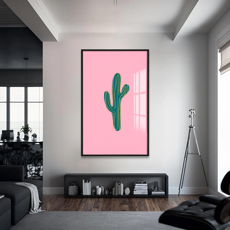 Pembe Kaktüs Cam Tablo – Siyah Çerçeveli Cam Tablo