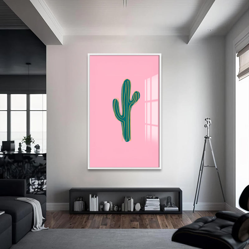 Pembe Kaktüs Cam Tablo – Beyaz Çerçeveli Cam Tablo