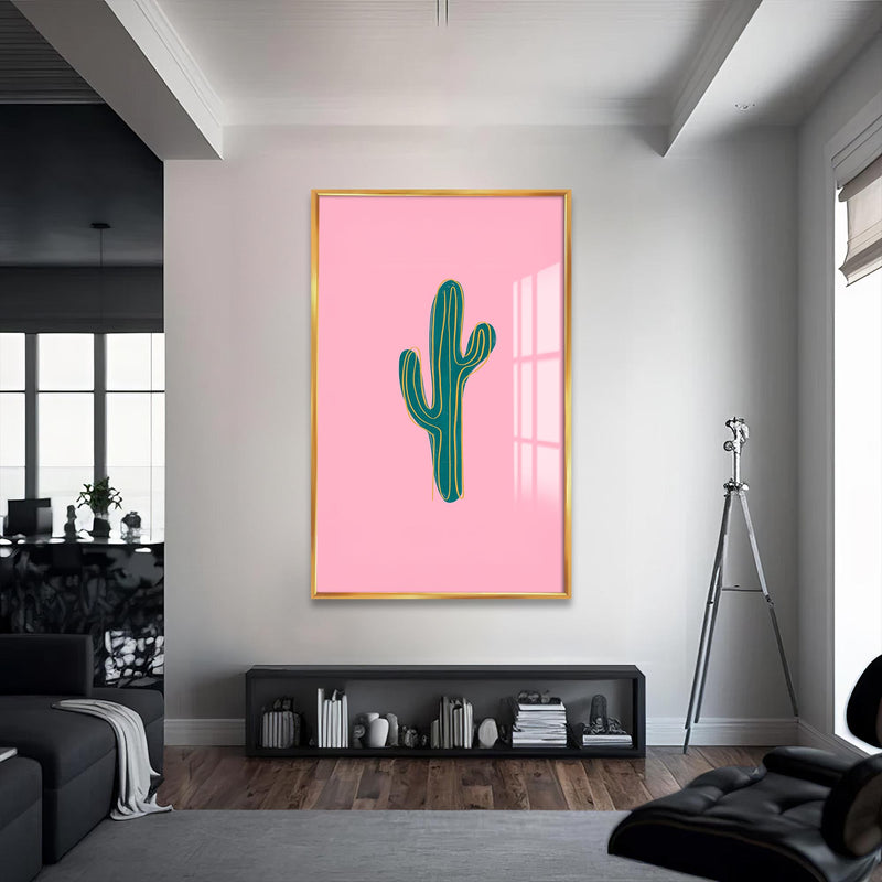 Pembe Kaktüs Cam Tablo – Altın Çerçeveli Cam Tablo