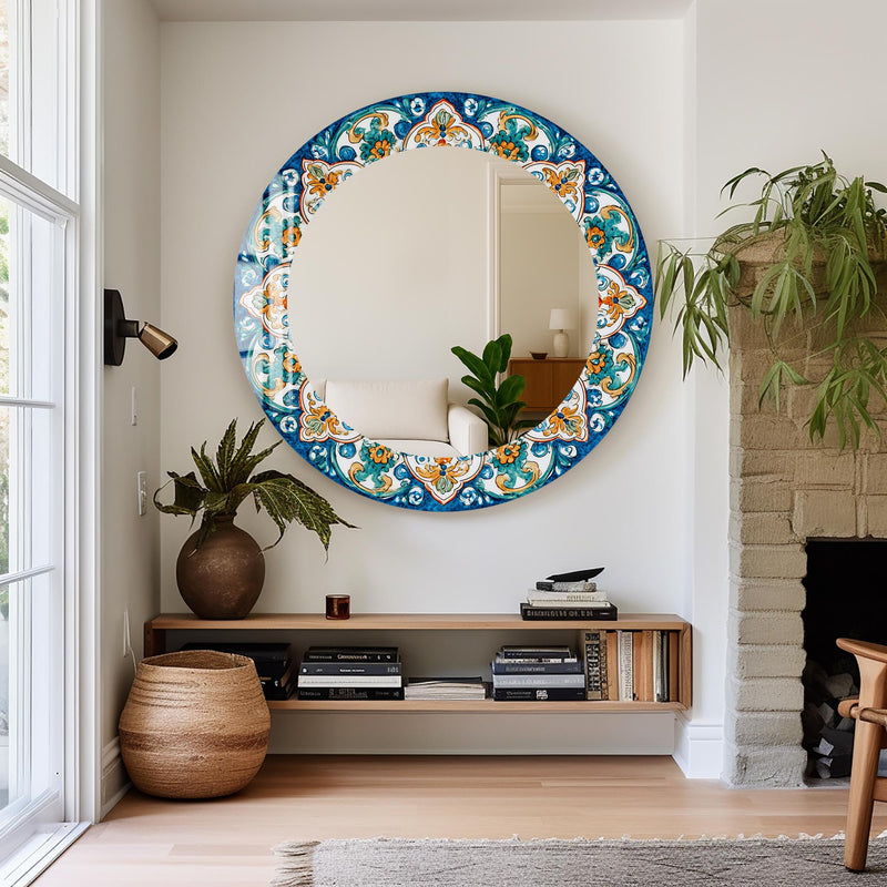 İtalyan Motif Cam Tablo Yuvarlak Ayna