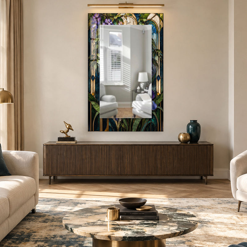 Vitray Orman Çiçekleri Cam Tablo Dikdörtgen Ayna