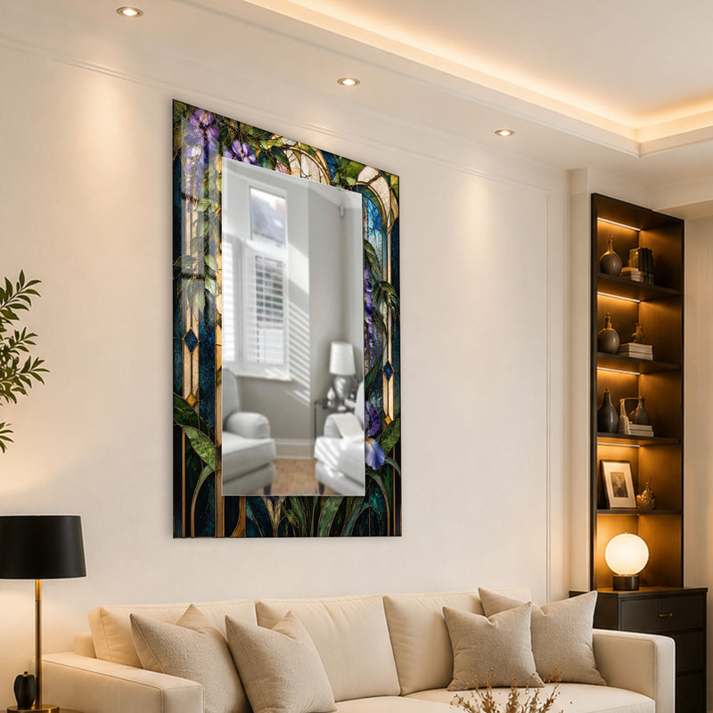 Vitray Orman Çiçekleri Cam Tablo Dikdörtgen Ayna