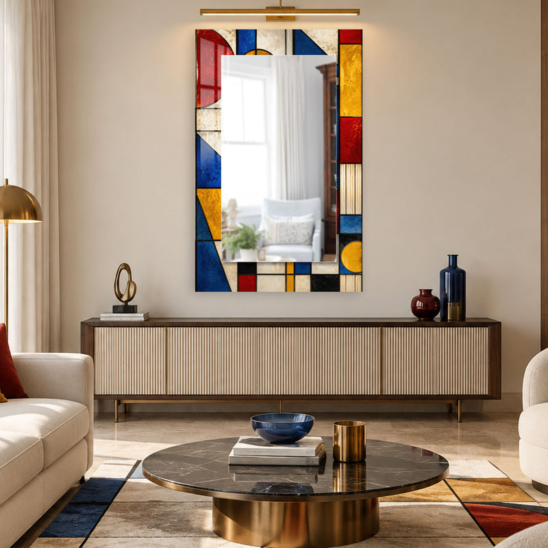 Mondrian Esintili Vitray Cam Tablo Dikdörtgen Ayna