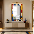 Mondrian Esintili Vitray Cam Tablo Dikdörtgen Ayna – Altın Çerçeveli