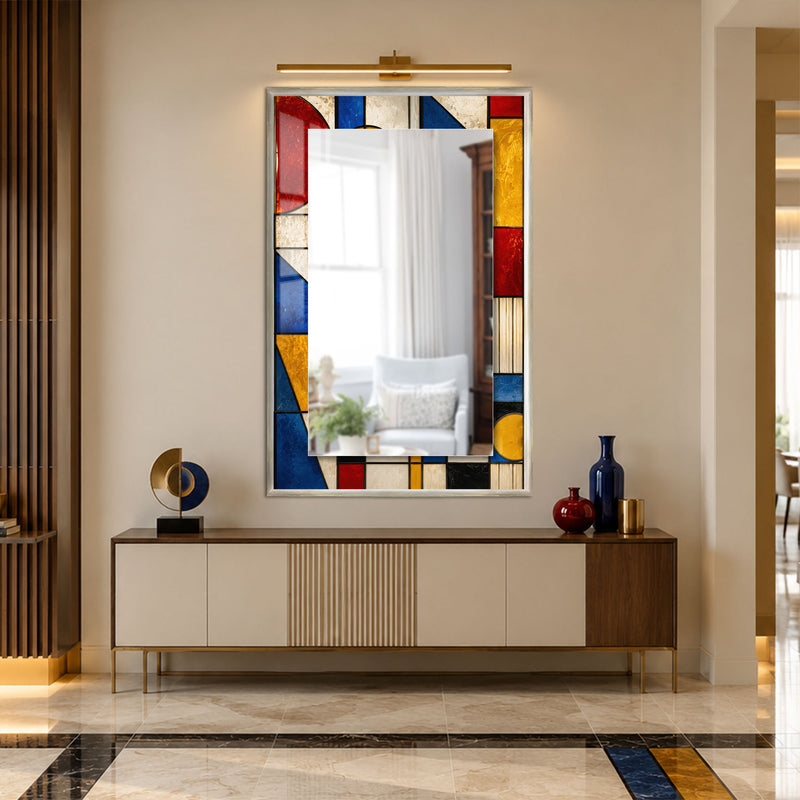 Mondrian Esintili Vitray Cam Tablo Dikdörtgen Ayna – Gümüş Çerçeveli