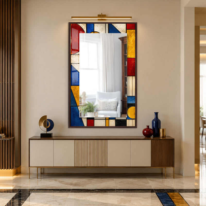 Mondrian Esintili Vitray Cam Tablo Dikdörtgen Ayna – Ceviz Çerçeveli