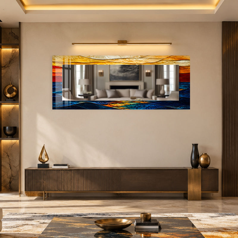 Mavi Dağlar Gün Batımı Vitray Aynalı Cam Tablo