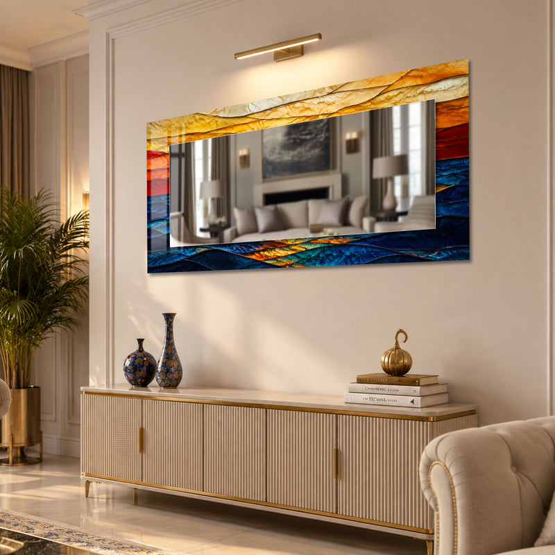 Mavi Dağlar Gün Batımı Vitray Aynalı Cam Tablo