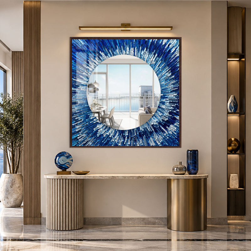 Mavi Kristal Işınlar Aynalı Cam Tablo – Ceviz Çerçeveli