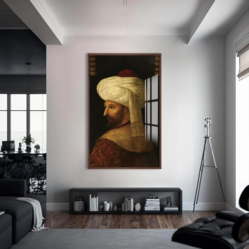 Fatih’in Portresi Cam Tablo – Ceviz Çerçeveli Cam Tablo
