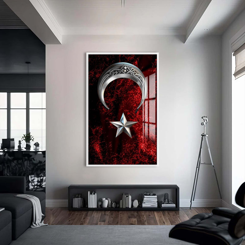 Dikey Türk Bayrağı Cam Tablo – Beyaz Çerçeveli Cam Tablo