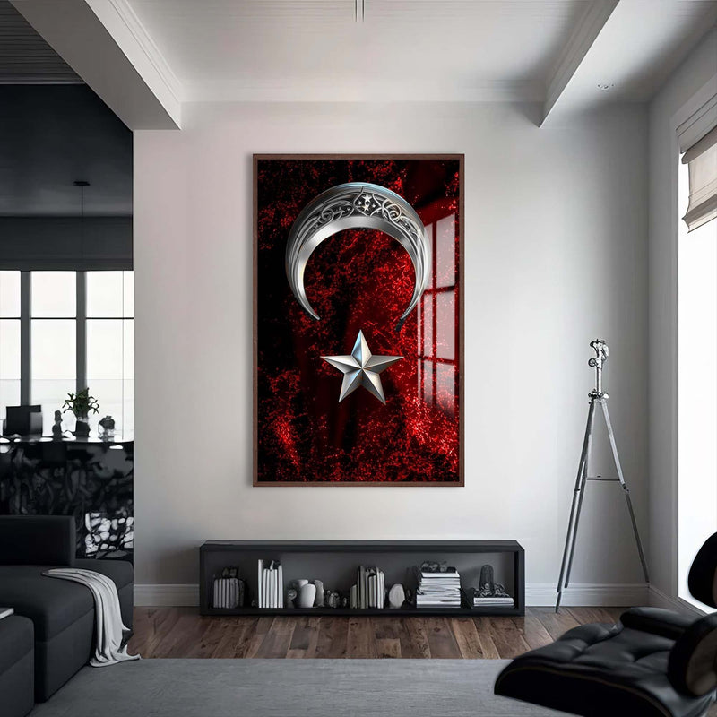 Dikey Türk Bayrağı Cam Tablo – Ceviz Çerçeveli Cam Tablo