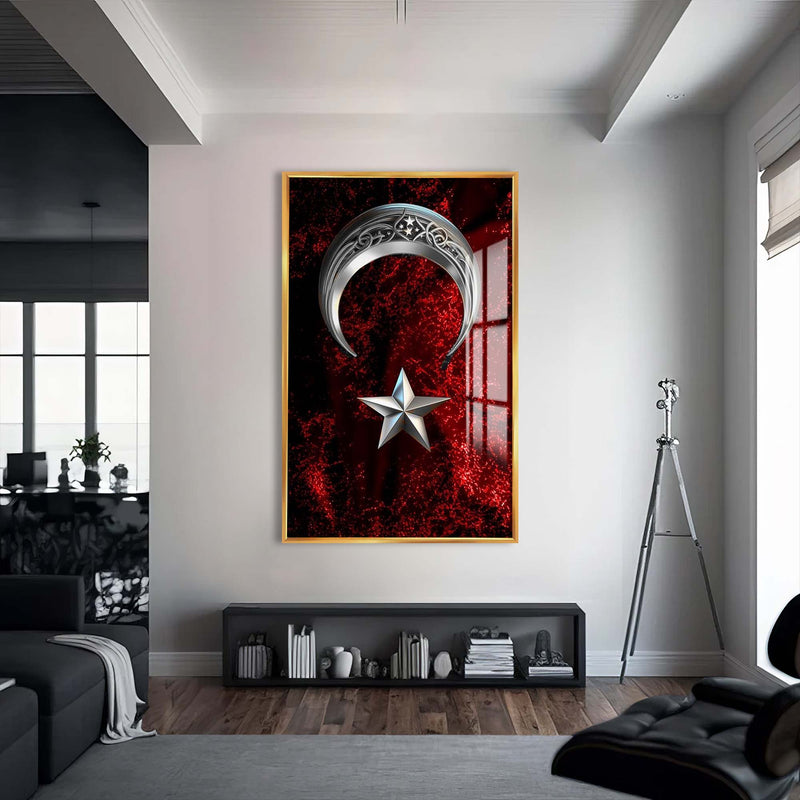 Dikey Türk Bayrağı Cam Tablo – Altın Çerçeveli Cam Tablo