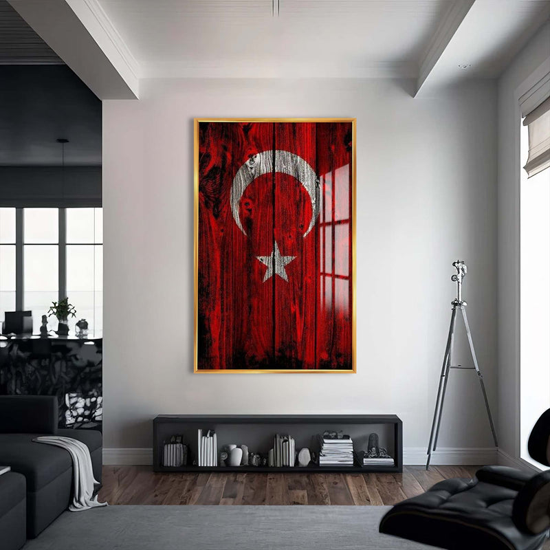 Türk Bayrağı Cam Tablo – Altın Çerçeveli Cam Tablo