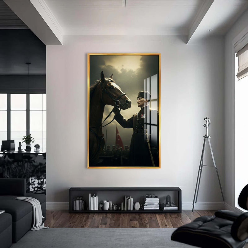 Atatürk Ve Atı Cam Tablo – Altın Çerçeveli Cam Tablo