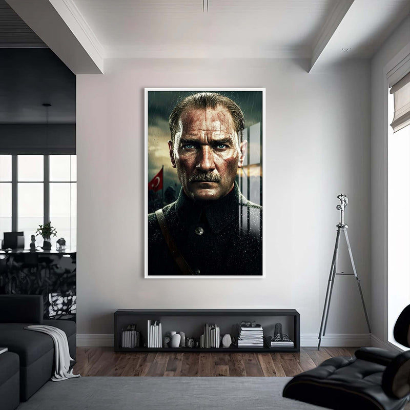 Atatürk Kurtuluşta Cam Tablo – Beyaz Çerçeveli Cam Tablo