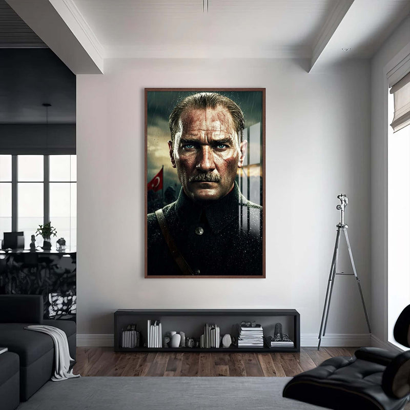Atatürk Kurtuluşta Cam Tablo – Ceviz Çerçeveli Cam Tablo