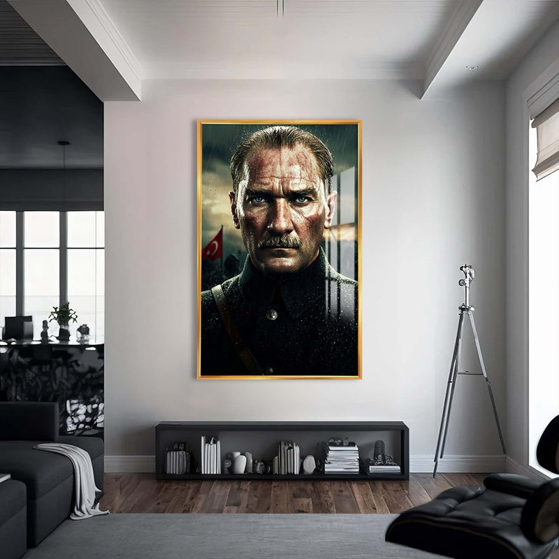 Atatürk Kurtuluşta Cam Tablo – Altın Çerçeveli Cam Tablo