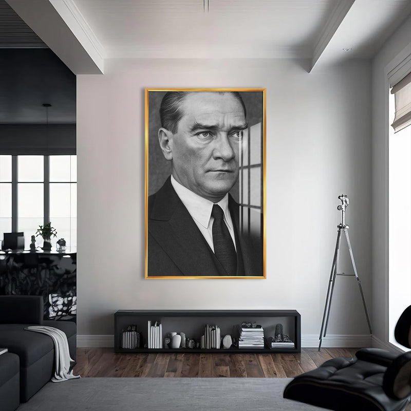 Yakın Plan Atatürk Cam Tablo – Altın Çerçeveli Cam Tablo