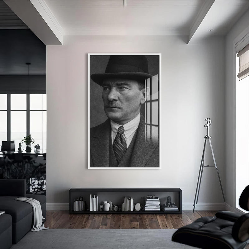 Fötr Şapkalı Atatürk Cam Tablo – Beyaz Çerçeveli Cam Tablo