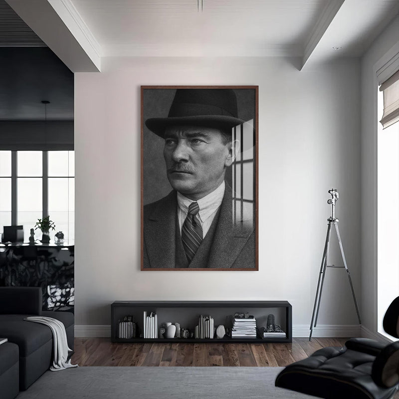 Fötr Şapkalı Atatürk Cam Tablo – Ceviz Çerçeveli Cam Tablo