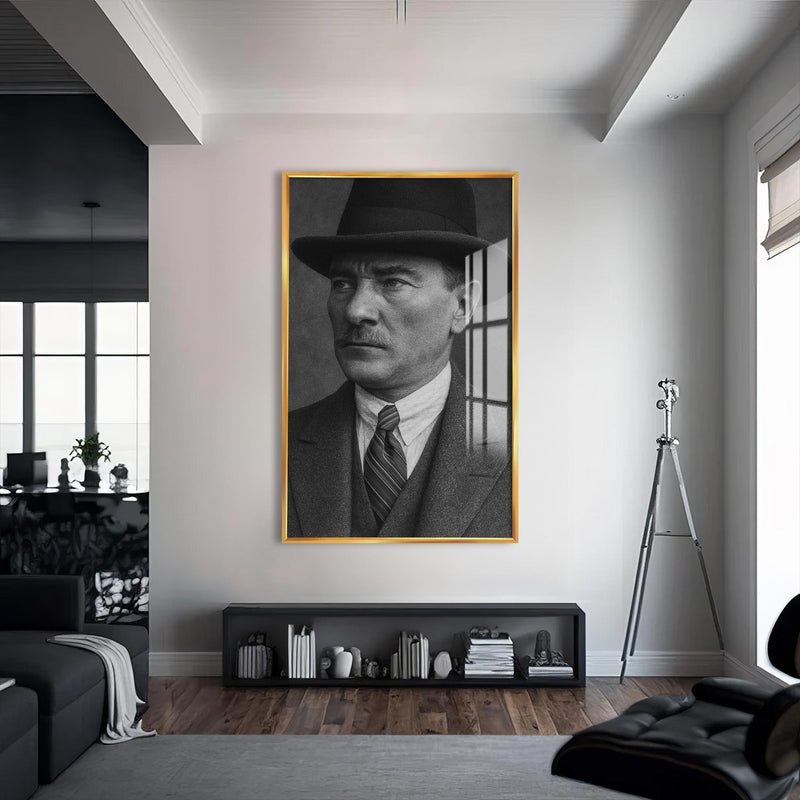 Fötr Şapkalı Atatürk Cam Tablo – Altın Çerçeveli Cam Tablo