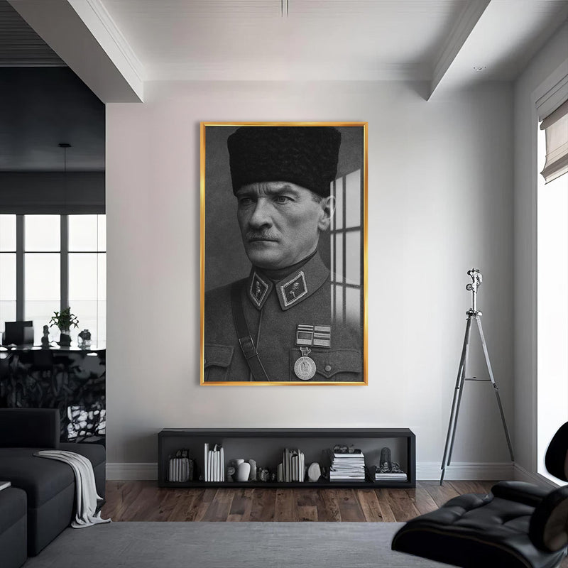 Madalyalı Atatürk Cam Tablo – Altın Çerçeveli Cam Tablo