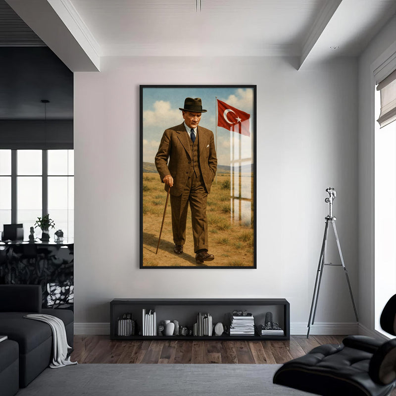 Türk Bayraklı Atatürk Cam Tablo – Siyah Çerçeveli Cam Tablo