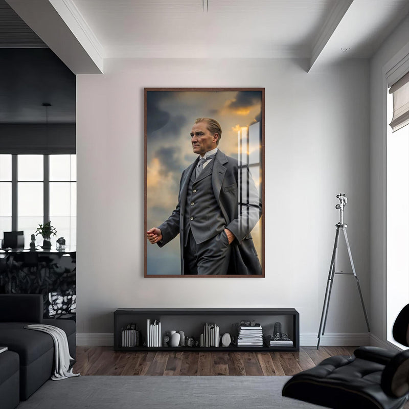 Yürüyen Atatürk Cam Tablo – Ceviz Çerçeveli Cam Tablo