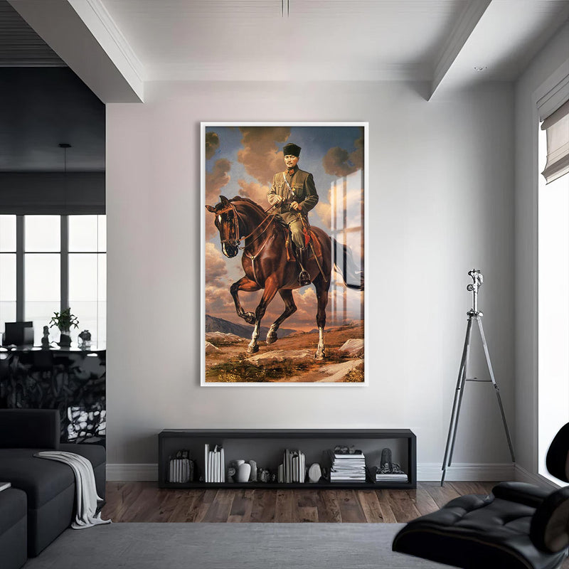 At Üstünde Atatürk Cam Tablo – Beyaz Çerçeveli Cam Tablo
