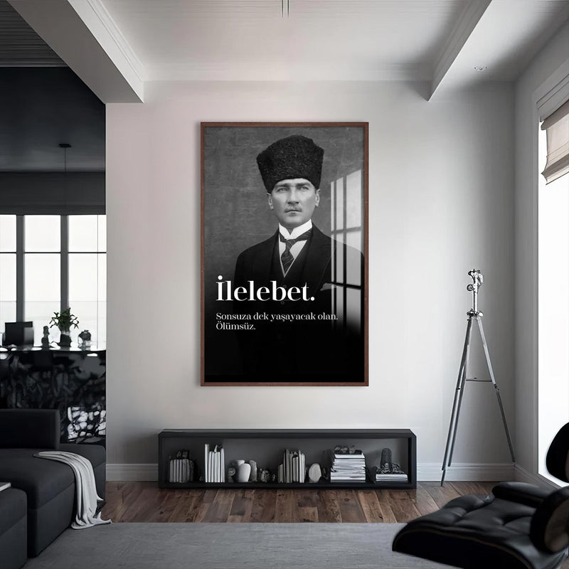 Atatürk İlelebet Cam Tablo – Ceviz Çerçeveli Cam Tablo