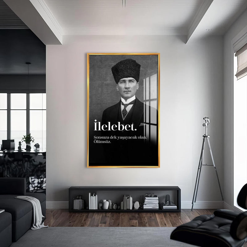 Atatürk İlelebet Cam Tablo – Altın Çerçeveli Cam Tablo