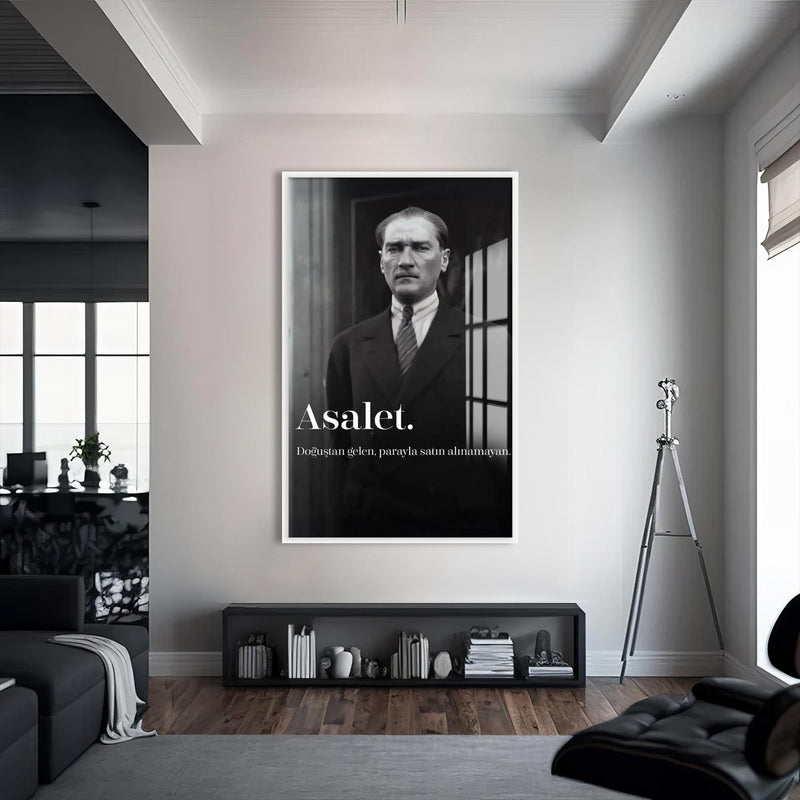 Atatürk Asalet Cam Tablo – Beyaz Çerçeveli Cam Tablo
