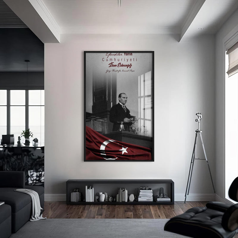 Cumhuriyet İlanı Atatürk Cam Tablo – Siyah Çerçeveli Cam Tablo