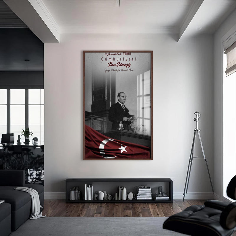Cumhuriyet İlanı Atatürk Cam Tablo – Ceviz Çerçeveli Cam Tablo