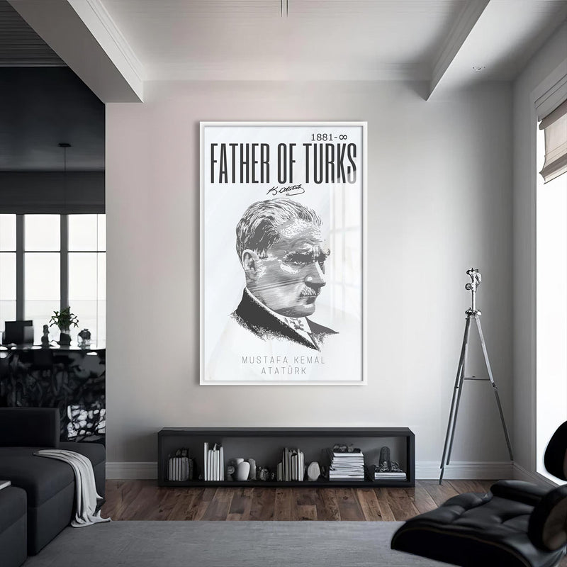 Father of Turks Atatürk Cam Tablo – Beyaz Çerçeveli Cam Tablo