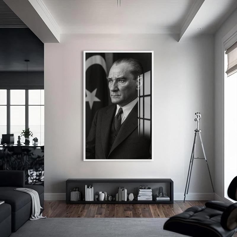 Bayrak Önü Atatürk Cam Tablo – Beyaz Çerçeveli Cam Tablo