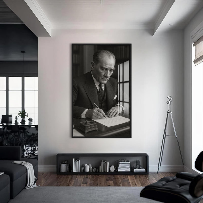 İmza Masasında Atatürk Cam Tablo – Siyah Çerçeveli Cam Tablo