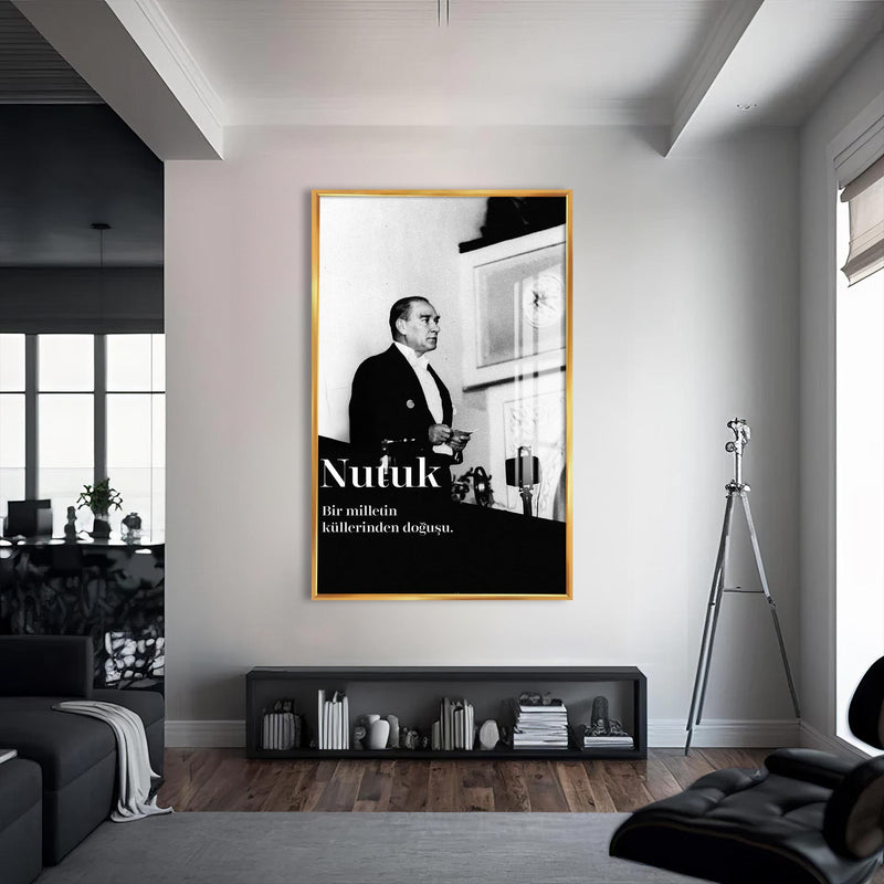 Nutuk Anı Atatürk Cam Tablo – Altın Çerçeveli Cam Tablo