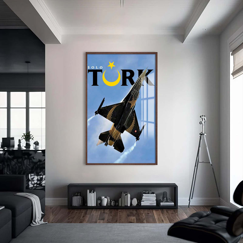 F16 Uçağı Cam Tablo – Ceviz Çerçeveli Cam Tablo