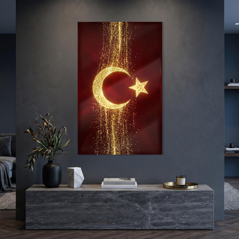 Altın Glitter Türk Bayrağı Cam Tablo – Cam Tablo