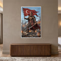 Beyaz Çerçeveli Türk Bayrağı Savaşçı Osmanlı Cam Tablo