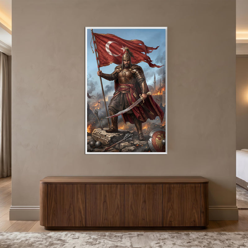 Beyaz Çerçeveli Türk Bayrağı Savaşçı Osmanlı Cam Tablo
