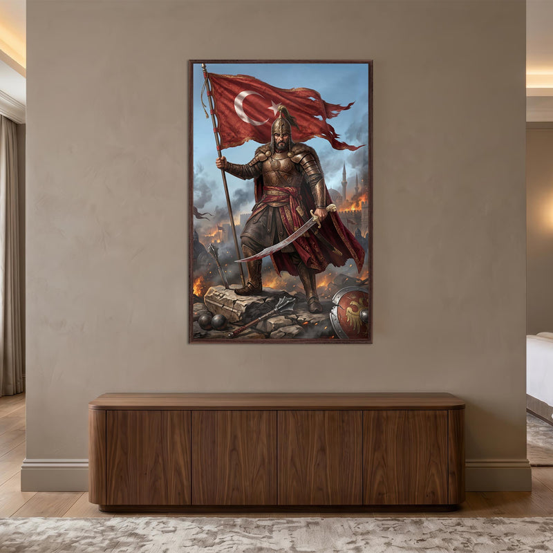 Ceviz Çerçeveli Türk Bayrağı Savaşçı Osmanlı Cam Tablo