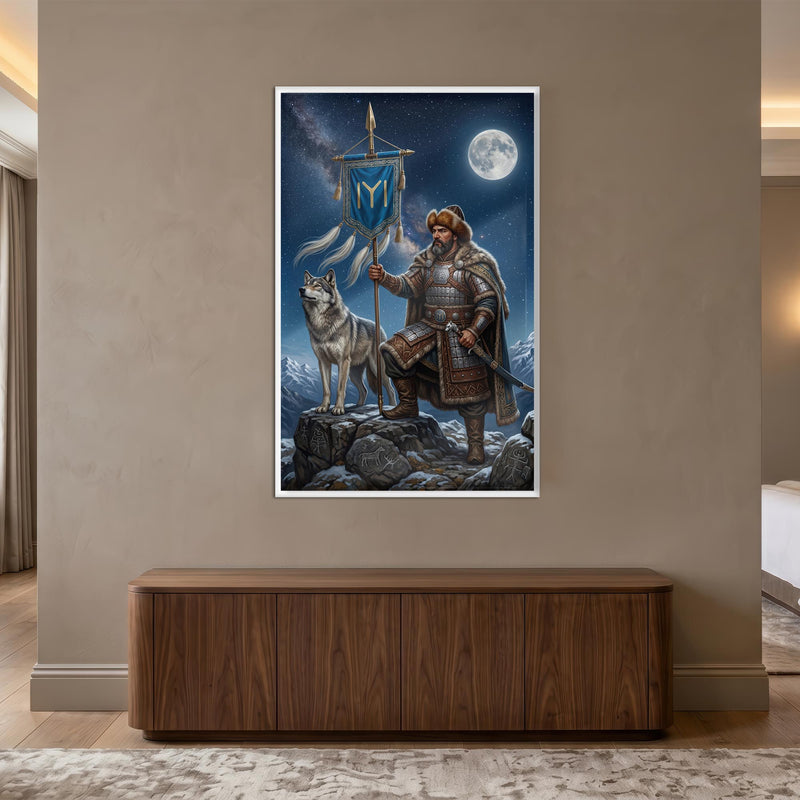 Beyaz Çerçeveli İyi Bozkurt Gece Savaşçı Cam Tablo